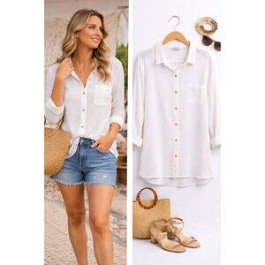 Anne Klein White Gauze Button Up Top XL White Double Layer